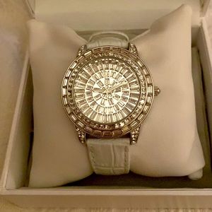 Peugeot Crystal Face, white leather band, great condition, new battery.